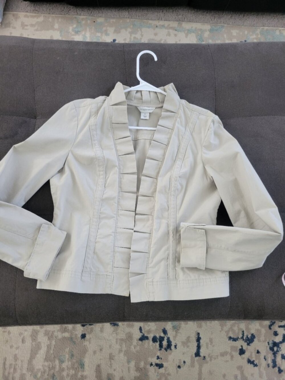 Christopher & Banks sz. M Khaki Denim Cropped Jacket with Ruffle Neck Open Fit